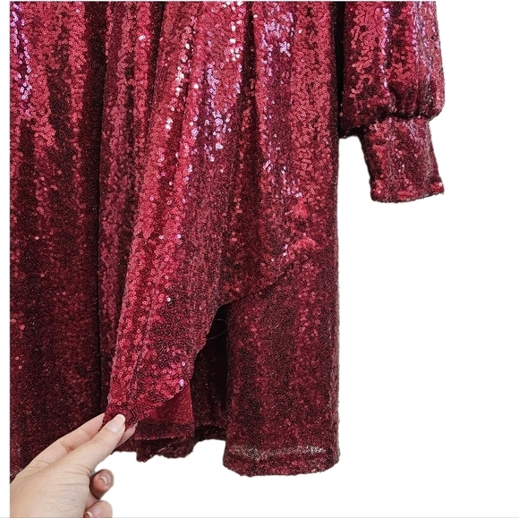Eloquii cherry burgundy red sequins puff long sleeve v-neck midi wrap dress 20 - Picture 10 of 15
